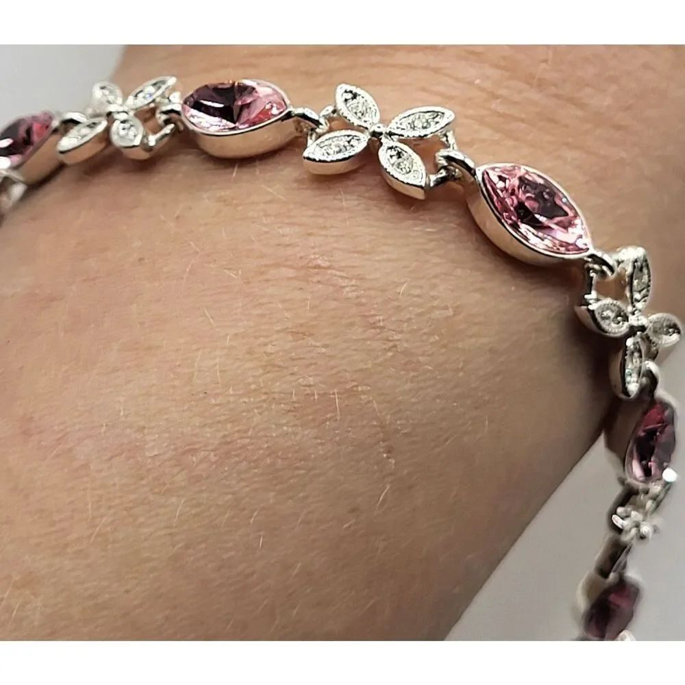 Silver-Toned Bracelet Pear-Cut Pink Crystals Floral Link Design 7.25in